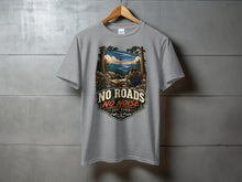 Load image into Gallery viewer, Grey t-shirt with "No Roads No Noise Just Radio" text and outdoor scene graphic.
