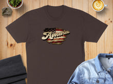 Load image into Gallery viewer, Brown t-shirt with distressed American flag graphic and "America" text.
