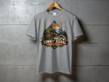 Load image into Gallery viewer, Gray t-shirt with "Summit Signal Society Climb, Call, Connect" graphic.
