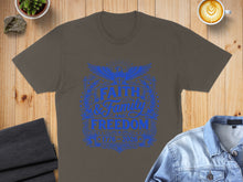 Load image into Gallery viewer, Brown t-shirt with "Faith, Family, Freedom 1776-2023" text and a blue eagle emblem.
