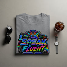 Load image into Gallery viewer, Gray t-shirt with "I SPEAK FLUENT" text and radio graphics.
