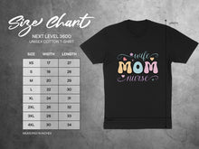 Load image into Gallery viewer, Next Level 3600 unisex t-shirt size chart with measurements in inches.
