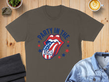 Load image into Gallery viewer, Graphic t-shirt with a patriotic tongue and "Party in the USA" text.
