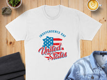 Load image into Gallery viewer, White t-shirt with Independence Day United States shield graphic.
