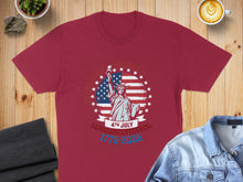Load image into Gallery viewer, Maroon t-shirt with Statue of Liberty, American flag, and "CELEBRATING AMERICA" text.
