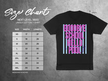 Load image into Gallery viewer, Size chart for Next Level 3600 unisex cotton t-shirt with "Goodbye School Hello Pool" graphic.
