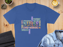 Load image into Gallery viewer, Blue t-shirt with "Nurse" in large letters surrounded by related words.
