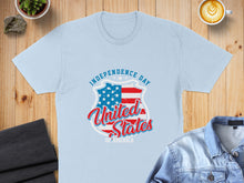 Load image into Gallery viewer, Light blue t-shirt with United States of America Independence Day shield design.
