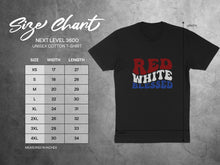 Load image into Gallery viewer, Size chart for Next Level 3600 unisex cotton t-shirt with Red White Blessed graphic.

