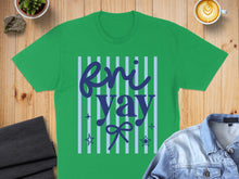 Load image into Gallery viewer, Green t-shirt with blue stripes and "Fri-yay" text.
