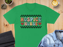 Load image into Gallery viewer, Green t-shirt with "Hospice Nurse" text and heart graphics.
