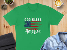 Load image into Gallery viewer, Green t-shirt with distressed US flag and "GOD BLESS America" text.
