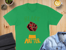 Load image into Gallery viewer, Green t-shirt with "Black Lives Matter" text and a raised fist graphic.
