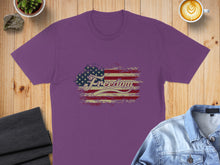 Load image into Gallery viewer, Purple t-shirt with distressed American flag and "Freedom" text.
