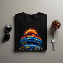 Load image into Gallery viewer, Black t-shirt with graphic of earth, sun, and signal waves, text F E D.
