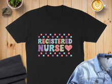 Load image into Gallery viewer, Black t-shirt with "Registered Nurse" and heart in pastel checkered pattern.
