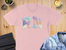 Load image into Gallery viewer, Pink t-shirt with colorful patchwork "RN" applique.
