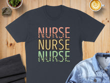 Load image into Gallery viewer, Black t-shirt with "NURSE" repeated three times in colorful lettering.
