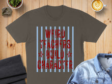 Load image into Gallery viewer, Grey t-shirt with red text "Weird Teachers Build Character" and blue stripes.
