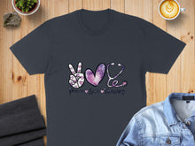 Load image into Gallery viewer, Dark t-shirt with "Peace Love Nursing" and stethoscope graphic.
