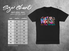 Load image into Gallery viewer, Unisex t-shirt size chart with measurements in inches and nurse graphic.
