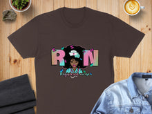 Load image into Gallery viewer, Brown t-shirt with "RN Registered nurse" graphic and woman with butterflies.
