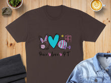 Load image into Gallery viewer, Brown t-shirt with peace sign, heart, and PT text.
