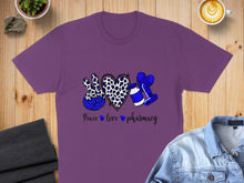 Load image into Gallery viewer, Purple t-shirt with peace, love, pharmacy text and leopard print heart.

