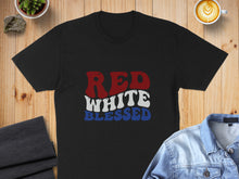 Load image into Gallery viewer, Black t-shirt with "RED WHITE BLESSED" text in patriotic colors.
