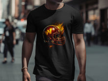 Load image into Gallery viewer, Flaming Football Helmet Design Black T-Shirt

