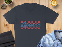 Load image into Gallery viewer, Navy t-shirt with "America" in red and blue checkered font.
