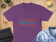 Load image into Gallery viewer, Purple t-shirt with "America" in red and blue checkered font.
