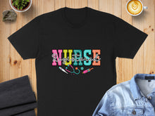 Load image into Gallery viewer, Black t-shirt with colorful "NURSE" text and medical icons.
