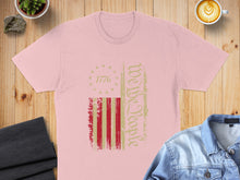 Load image into Gallery viewer, Pink t-shirt with distressed "We the People 1776" American flag design.
