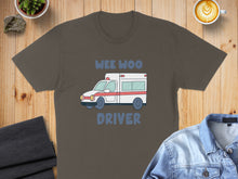 Load image into Gallery viewer, Brown t-shirt with a cartoon ambulance and "WEE WOO DRIVER" text.
