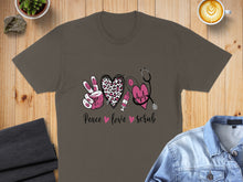Load image into Gallery viewer, T-shirt graphic with peace, heart, and stethoscope symbols and text.
