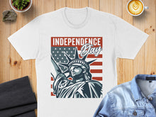 Load image into Gallery viewer, Statue of Liberty graphic with "Independence Day" text on a white t-shirt.
