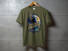Load image into Gallery viewer, Olive green t-shirt with graphic of the Earth and text "Chasing the Gray Line".
