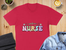 Load image into Gallery viewer, Red t-shirt with colorful "Future Nurse" text and floral accents.
