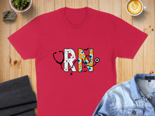 Load image into Gallery viewer, Red t-shirt with RN design featuring a stethoscope and eyeballs.
