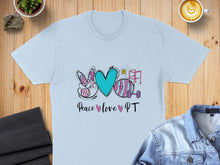 Load image into Gallery viewer, Light blue t-shirt with "Peace love PT" and Easter-themed fitness graphics.
