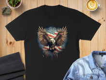 Load image into Gallery viewer, Black t-shirt with a distressed American flag and eagle graphic.
