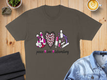 Load image into Gallery viewer, Brown t-shirt with "peace love laboratory" text and science graphics.
