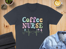 Load image into Gallery viewer, Dark t-shirt with "Coffee Nurse Repeat" and a heartbeat line.
