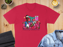 Load image into Gallery viewer, Red t-shirt with LPN text, nurse graphic, and medical symbols.
