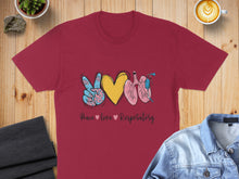 Load image into Gallery viewer, Burgundy t-shirt with peace sign, heart, and lungs graphic.
