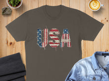 Load image into Gallery viewer, Brown t-shirt with "USA" in distressed American flag fabric.
