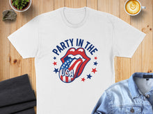 Load image into Gallery viewer, White t-shirt with "Party in the USA" lips and stars graphic.
