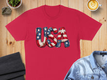 Load image into Gallery viewer, Red t-shirt with "USA" in distressed American flag pattern.
