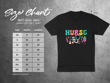 Load image into Gallery viewer, Next Level 3600 unisex t-shirt size chart with measurements in inches.
